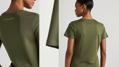 Back view of Green Olive bamboo tee for women – tailored fit with clean lines and smooth drape, made from sustainable bamboo fiber.

