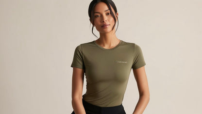 Front view of women’s fitted bamboo T-shirt in Green Olive – sleek silhouette with crew neck and minimal seams, crafted from ultra-soft eco-friendly fabric.
