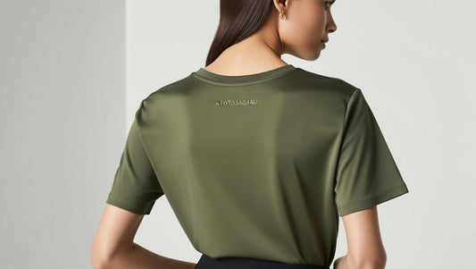 Back view of Green Olive bamboo tee for women – tailored fit with clean lines and smooth drape, made from sustainable bamboo fiber.
