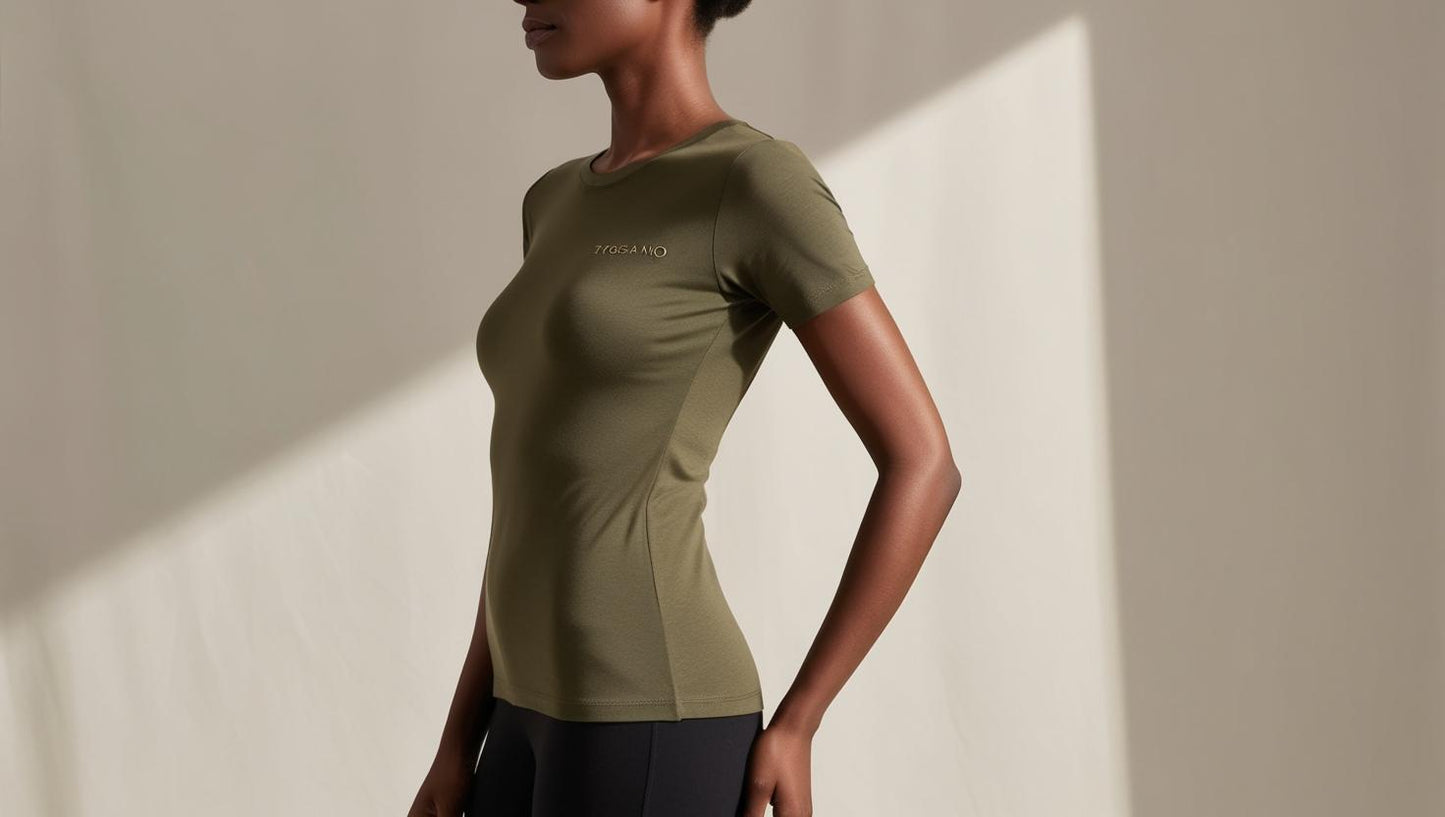 Side profile of women’s bamboo T-shirt in Green Olive – flattering cut with gentle curve and lightweight, breathable texture.